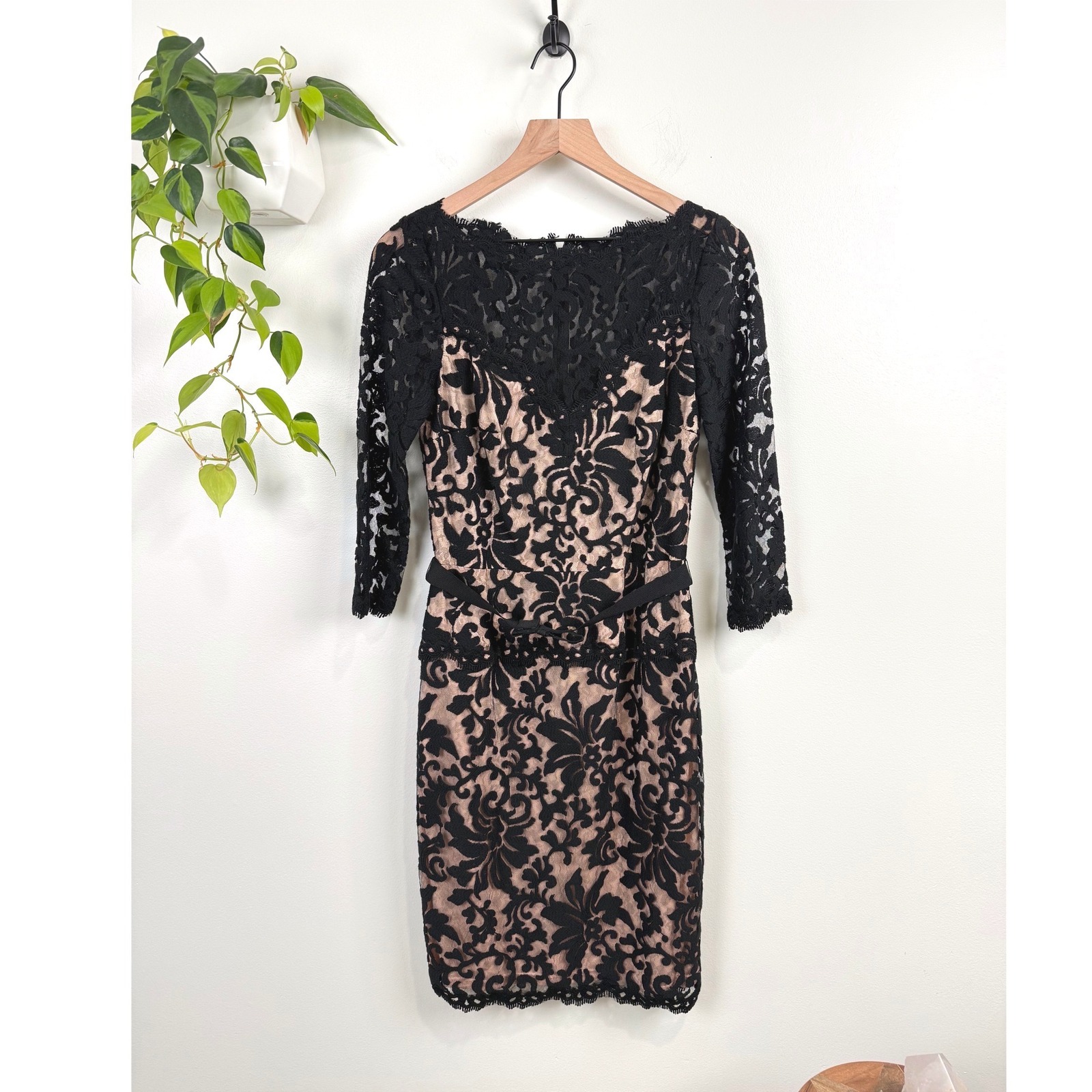 Tadashi Shoji Illusion Lace 3/4 Sleeve Sheath Dress Bow Belt 6 Formal Cocktail